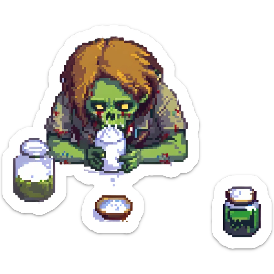 A zombie Leo  sniffing white powder with a background lab in the style of a pixel art sticker