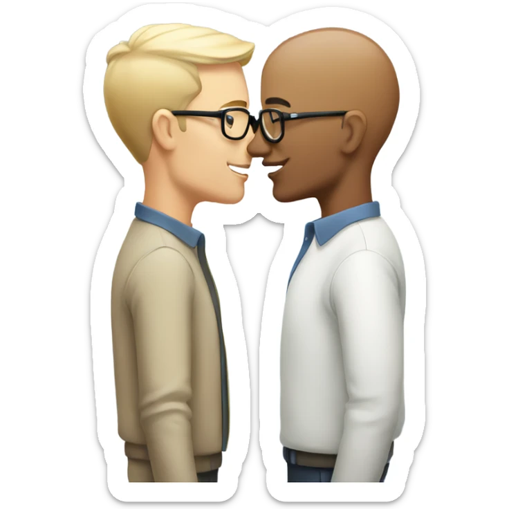 Gay male couple, white, with glasses sharing a kiss sticker
