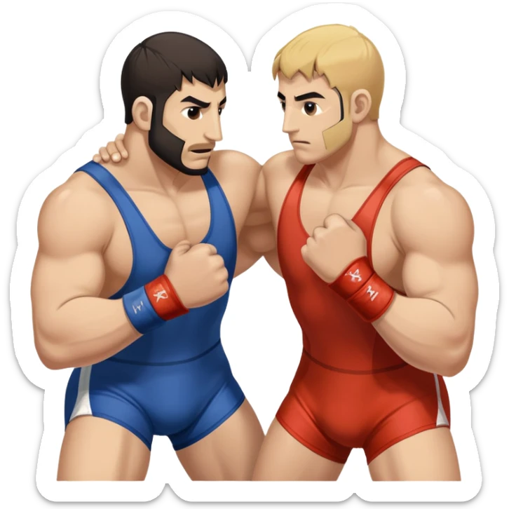 An icon symbolizing Greco-Roman wrestling, showing two wrestlers locked in a powerful grip, focusing on upper-body techniques. The background features a wrestling mat, with the athletes wearing traditional singlets. Transparent background highlights the strength and skill of the sport. sticker