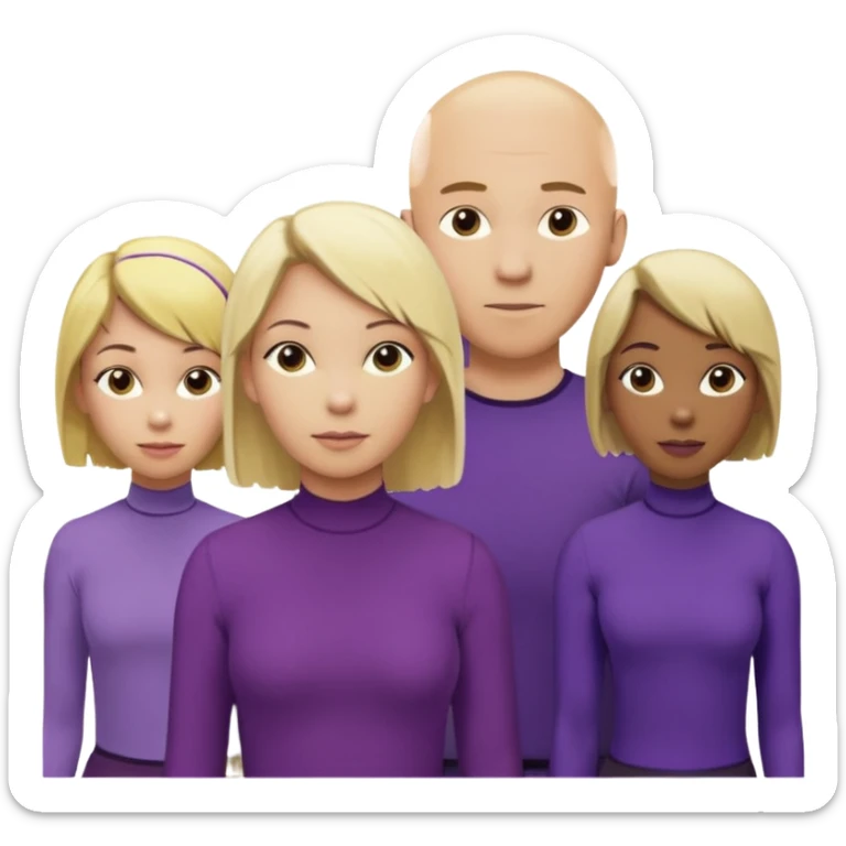 5 person team; 2 men and 3 women.  All dressed in yellow or purple.  1 caucasian woman with blonde mid length hair. 1 caucasian woman with blonde short length hair. 1 caucasian woman has ash blonde hair tied up. 1 man is African-american and bald, 1 man is caucasian and very little hair left.  
 sticker