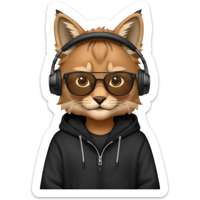 lynx with sunglasses, headphones and a black hoodie sticker