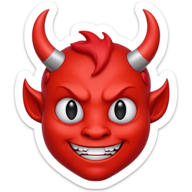 CARTOON STYLE EMOJI of a RED DEVIL FACE with small HORNS pointing up, BLACK EYES, and a MISCHIEVOUS SMILE. The entire face is RED with a smooth glossy texture. BACKGROUND is PURE WHITE, clean and simple. sticker