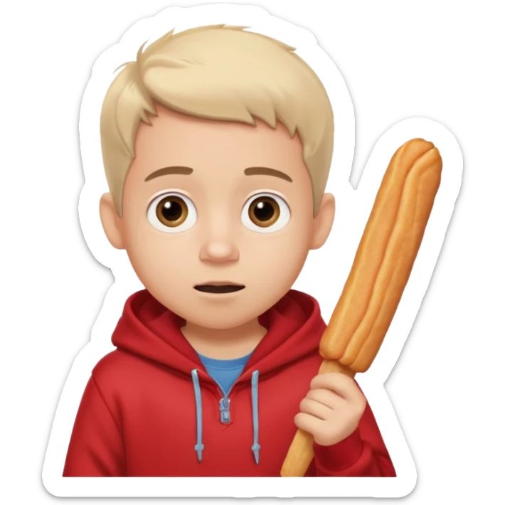 ute funny Spanish cartoon boy named Peque Tito, red hoodie, denim shorts, big expressive eyes, holding a churro, Pixar-style, viral character.” sticker