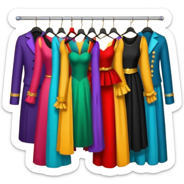 create a series of images for Theatre costumes Inventory showing a rack of costumes ready for performance sticker