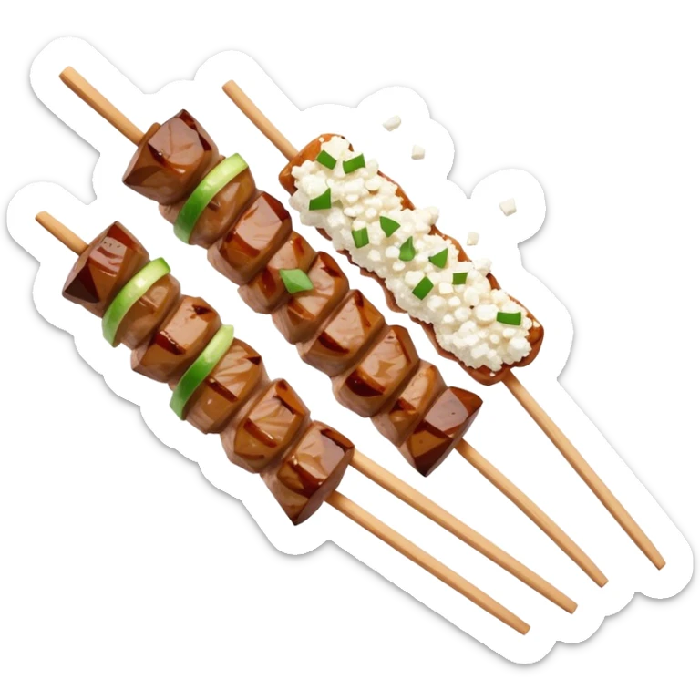Souvlaki Cinematic Realistic Souvlaki Dish Emoji, depicted as skewered, grilled meat served with a side of crumbled feta cheese, rendered with rich textures and dynamic, appetizing lighting. sticker