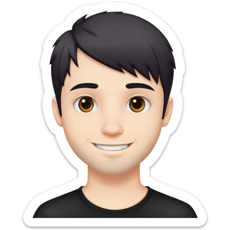 Cute white male, short dark colored hair and facial hair, nose and lip piercing, emo smiling sticker