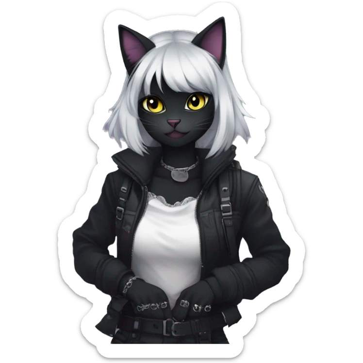 Gorgeous gothic dark techwear anime style anthro black cat furry with blushing face aesthetic and pretty edgy black with collar and harness trending style sticker