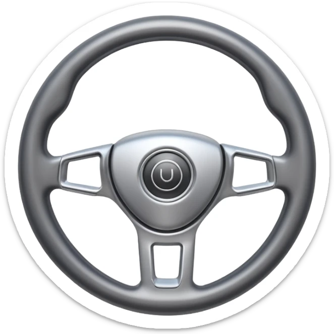 A futuristic steering wheel emoji made of silver chrome, minimal geometric design, smooth metallic surface, soft reflections, iOS emoji style, centered, clean white background sticker