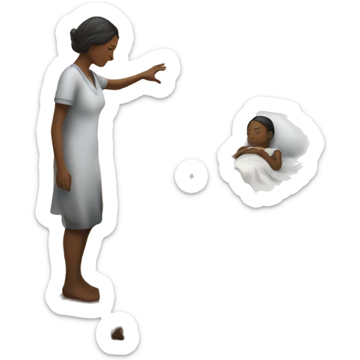 Woman Standing by the bed where a child is laying there and he hold here hands healing of here child sticker