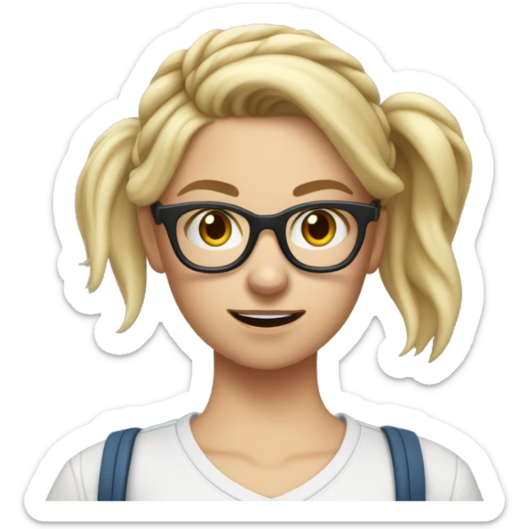 blond and white tall german girl wearing jeans and top and glasses and a hair bun. She holds a tennis racket at hand and her face she seems a bit scared sticker