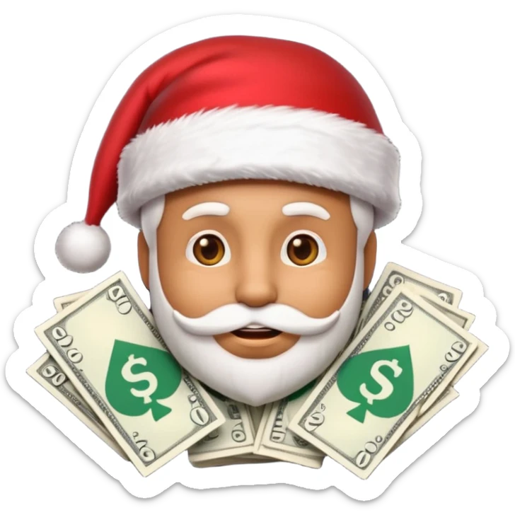 A confident rich emoji face wearing a Santa hat, money stacks, casino vibe, New Year theme, premium 3D emoji style, sharp details, no text, isolated on transparent background sticker
