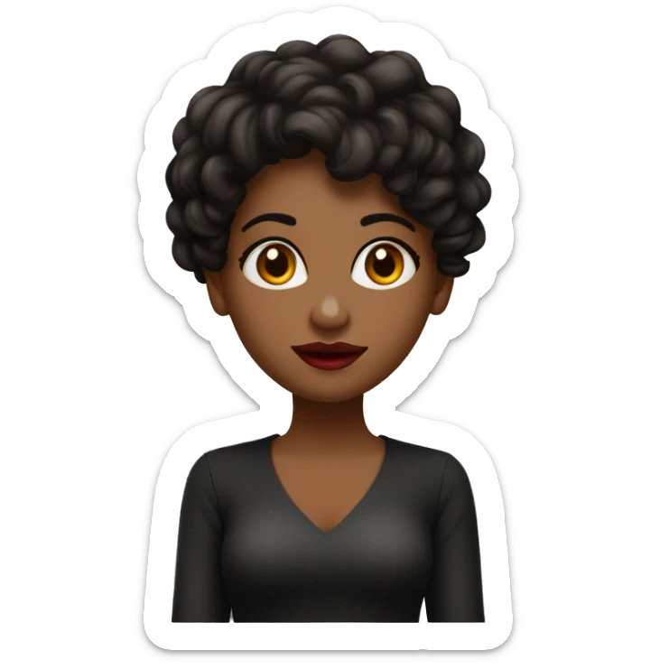 una chica de cabello negro corto mediano con labial rojo y ojos y marrones y una laptop sticker