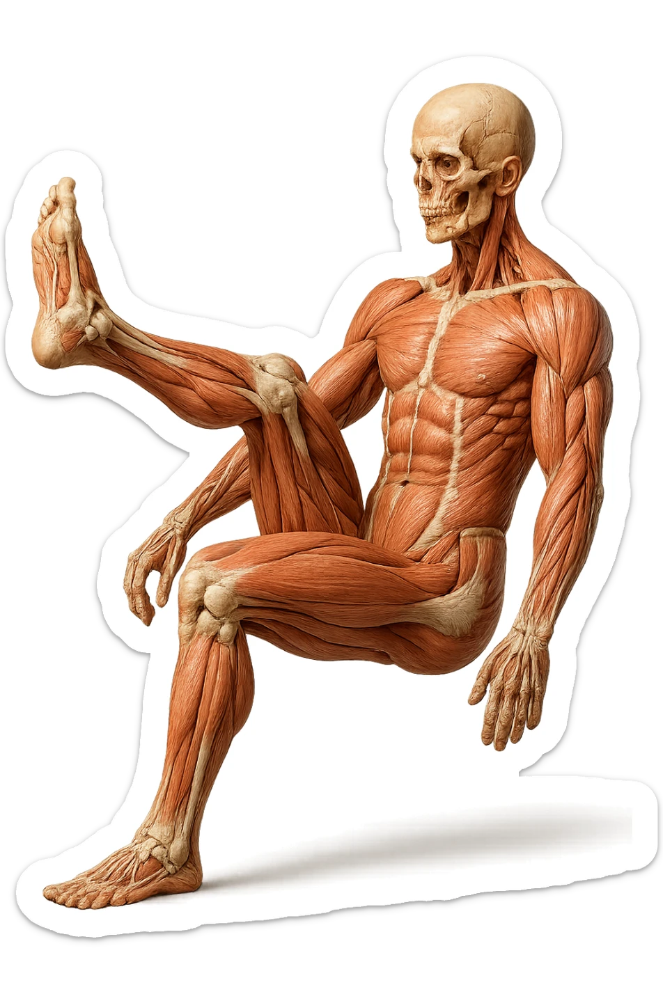CORPO UMANO ANATOMICO REALISTICO CHE FA UN ESERCIZIO DI MOBILITà ARTICOLARE ALLE GAMBE, IPERREALISTICO 4K sticker