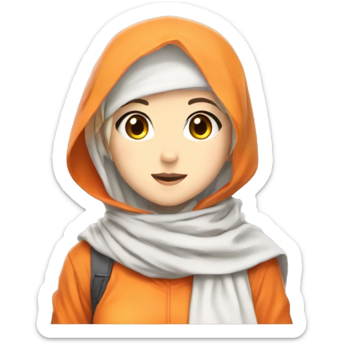 anime girl hijab sweet white skinned peanime female adventurer in orange clothes half  holding an orange fruit  sticker