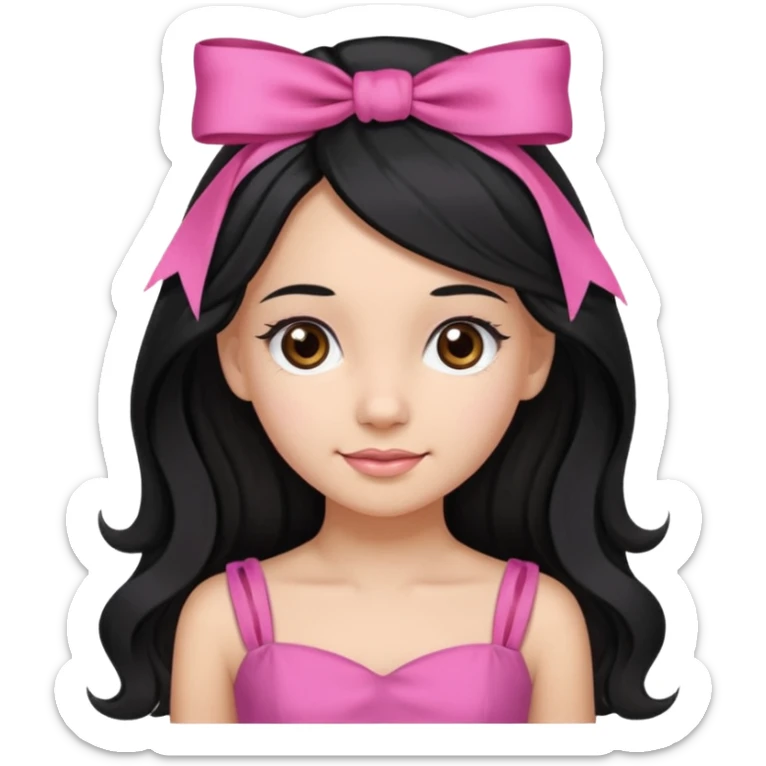 Beautiful girl with long black hair in a half-up half-down hairstyle with pink ribbon tying the top half, waves at the ends, brown eyes, light skin, slight smile, and pink dress sticker