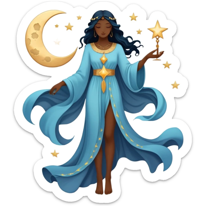 Mystical tarot card with flowing clothing silhouette, ethereal fashion symbol with stars and moon elements sticker