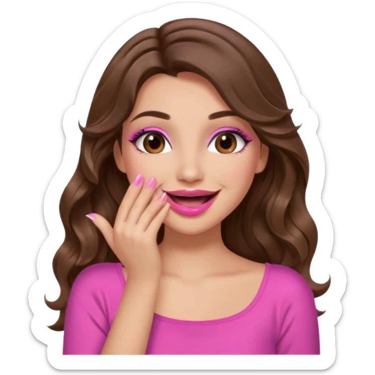 girl with long wavy brown hair, brown eyes, long lashes makeup, pink lips, light to medium complexion, pink sexy top, smiling, hand covering the mouth, giggling sticker