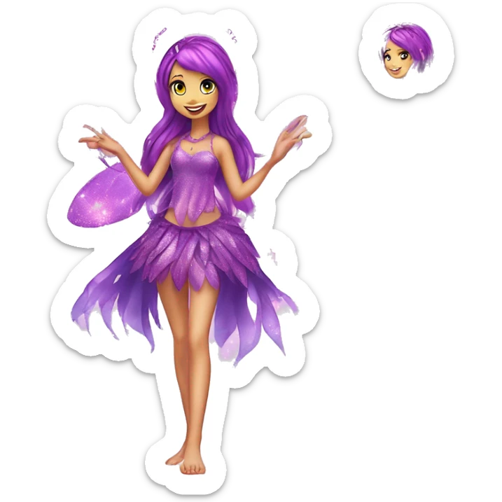 Tecna adult fairy of technology her enchantix fairy purple sparkling two-piece clothing and fairy enchantix wings and long dark pink hair in from winx club. Lots of sparkles and fairydust. Full body pic and full fairy bliss sticker