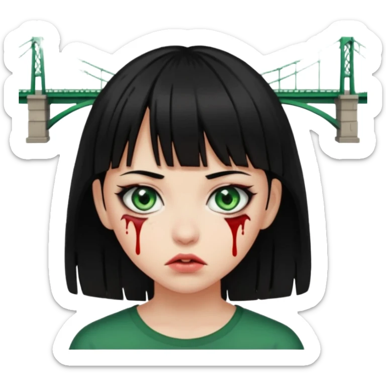 Guria com cabelo preto franjinha sangrando olhos verdes  fundo preto e um piercing bridgepiercing sticker