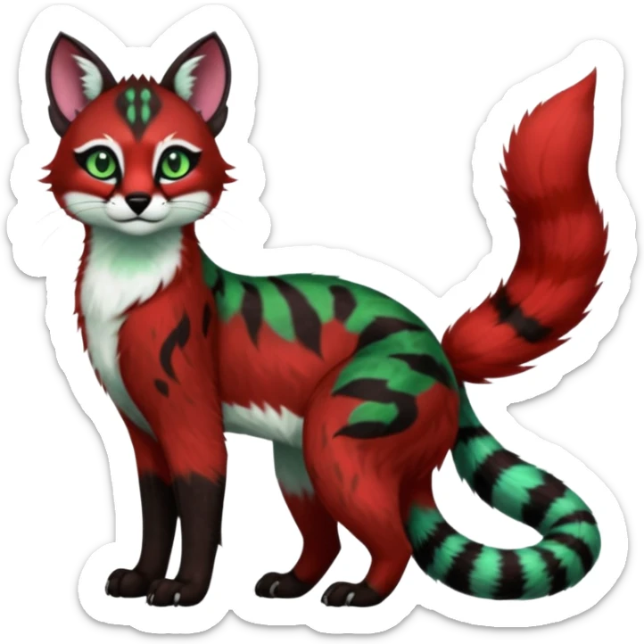 Colorful dark tropical sanguine-red, black, white fur, with green eyes, iridescent glorious divine exotic cute cool beautiful shiny beautiful fantasy-caracal-civet-genet-sergal-vernid-Cacomistle-oncilla-animal-Fakémon-hybrid-fursona with pattern markings (full body) sticker