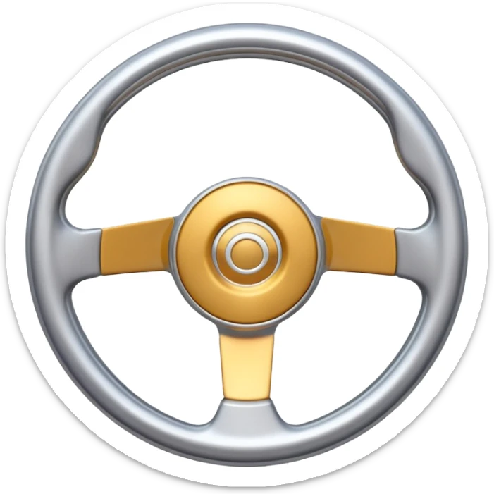 A futuristic steering wheel emoji made of silver chrome, minimal geometric design, smooth metallic surface, soft reflections, iOS emoji style, centered, clean white background sticker