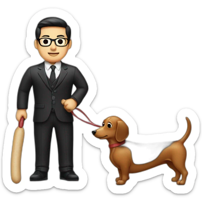 An asian man tailor with slick back hair wearing black framed glassed holding a sausage dog sticker