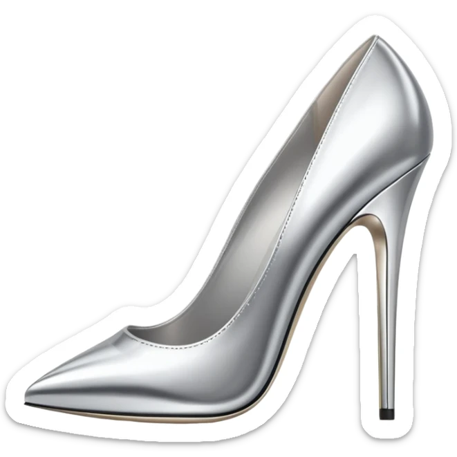 A pair of high heel shoes emoji made of polished silver chrome, elegant sharp silhouette, smooth metallic surface, glossy reflections, luxury sexy vibe, minimalistic iOS emoji style, centered, clean white background sticker