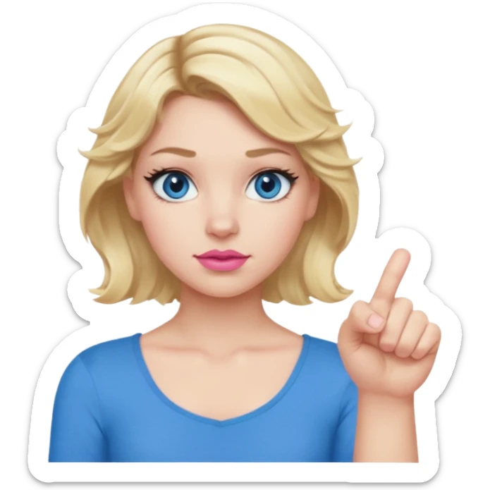 Girl Blonde short wavy hair,  blue eyes, cute blue top, long lashes, pink lips, thumbs down 👎  sticker
