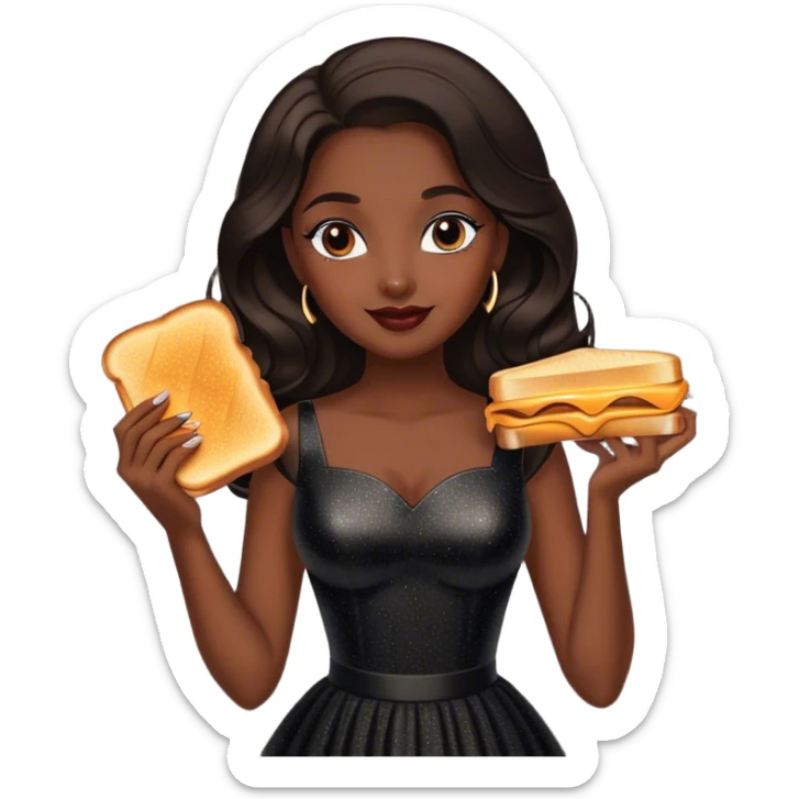 Beautiful woman in 1950’s woman fashion look, black shimmery dress, long dark brown hair, grilled cheese sandwiche sticker