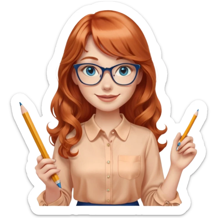 redheaded woman with very long wavy hair and bangs, blue eyes, clear cat-eye glasses, apricot silk blouse, pencil skirt, holding a pencil, smiling sticker
