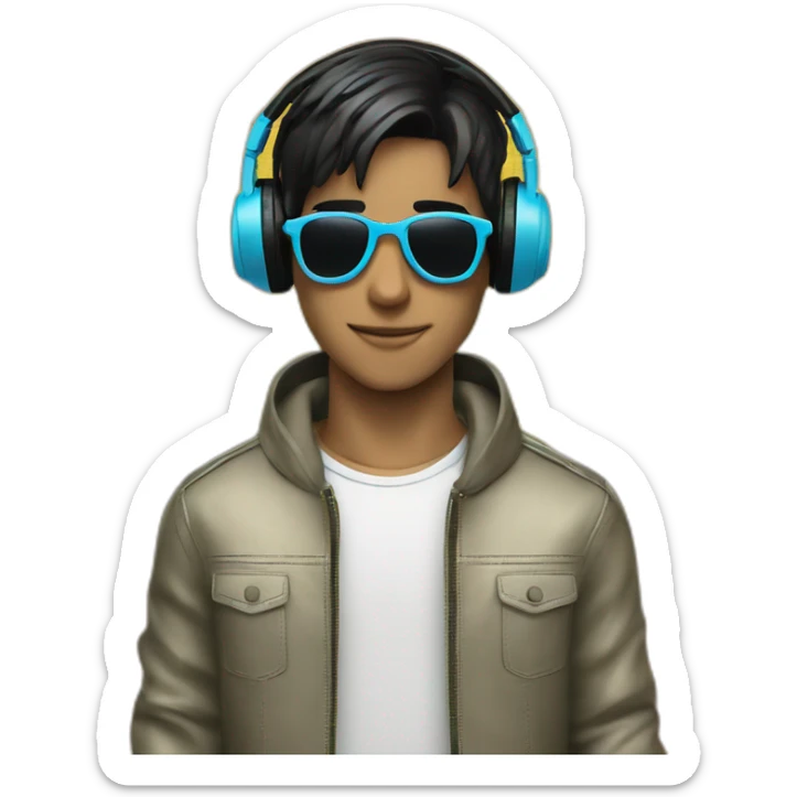 A stylish boy wearing headphones and sun glasses and in background music waves black hair sticker