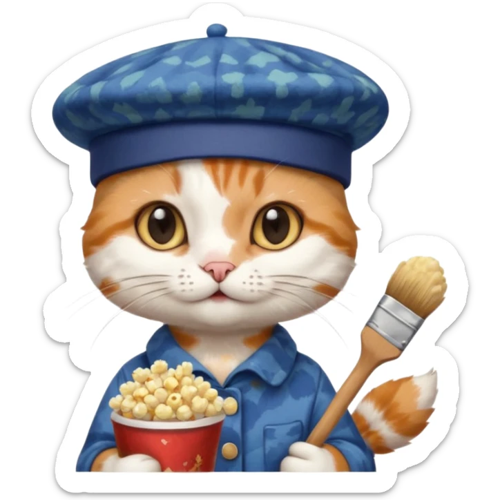 A cat that is an artist similar to the "meow_popcorn" emoji sticker