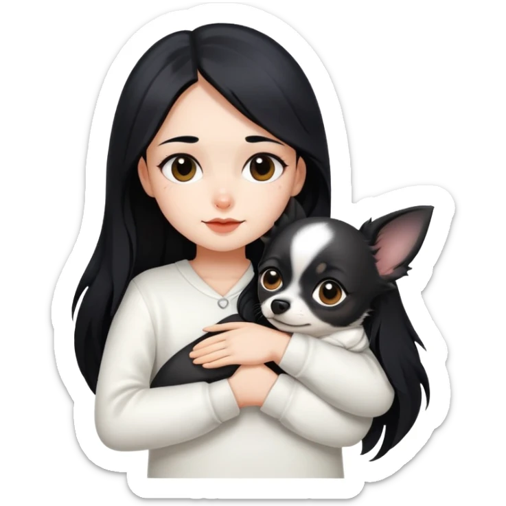 Fair skin girl - long black hair - white clothes - hugging a black chihuahua sticker