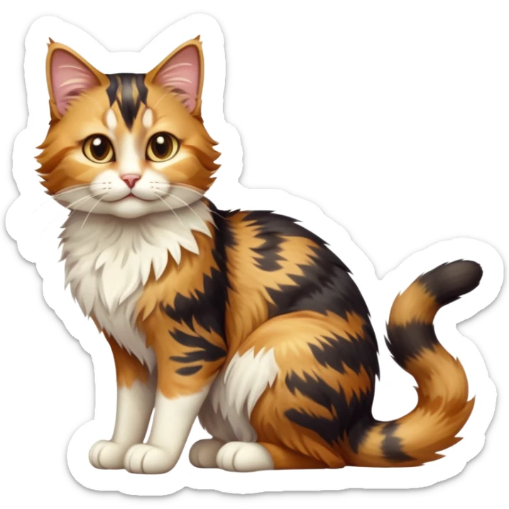 cinematic-[calico tabby cat]-realistic-full-body-sitting-emoji,-tail-curled-playfully-around-its-paws,-head-tilted-dramatically,-scruffy-[calico]-fur,-simplified-yet-realistic-focused-features,-highly-detailed,-glowing-with-an-almost-sarcastic-glow sticker