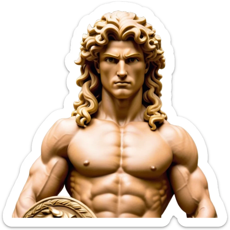 Cinematic Realistic Barbarian Hercules Portrait, depicted as a fierce Greek hero with the chiseled features of Michelangelo's David. His light tan, sculpted skin glows with timeless strength, and his thick, curly, golden brown hair cascades in wild, untamed curls reminiscent of a warrior’s mane. Instead of a flowing white robe with golden accents and a laurel wreath, he wears rugged, weathered leather and fur garments—a tattered, fur-trimmed cloak draped over broad shoulders and a simple circlet forged from iron and bone. His intense, determined eyes exude savage nobility, all rendered under dynamic natural lighting with a mythic, raw, radiant glow. sticker