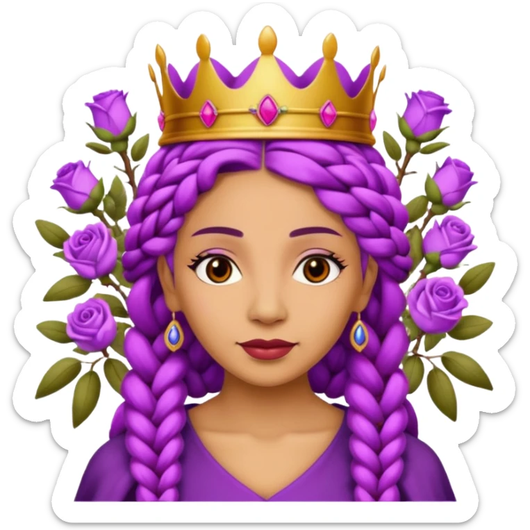 Crown Olive skin older queen with purple braids, brown eyes surrounded by roses sticker