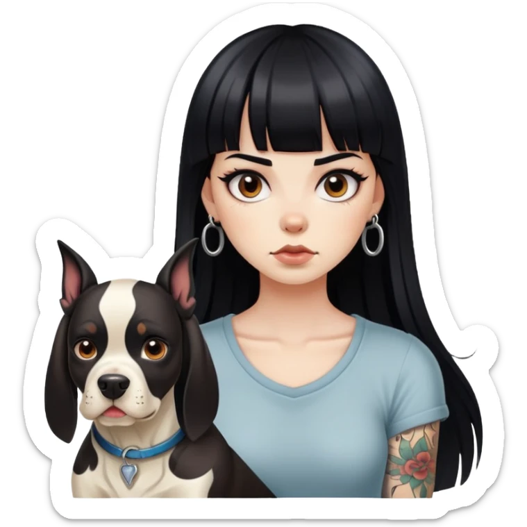 girl with long black  straight bangs hair with tattoo and a Springer dog  and  bull terrifying dog sticker