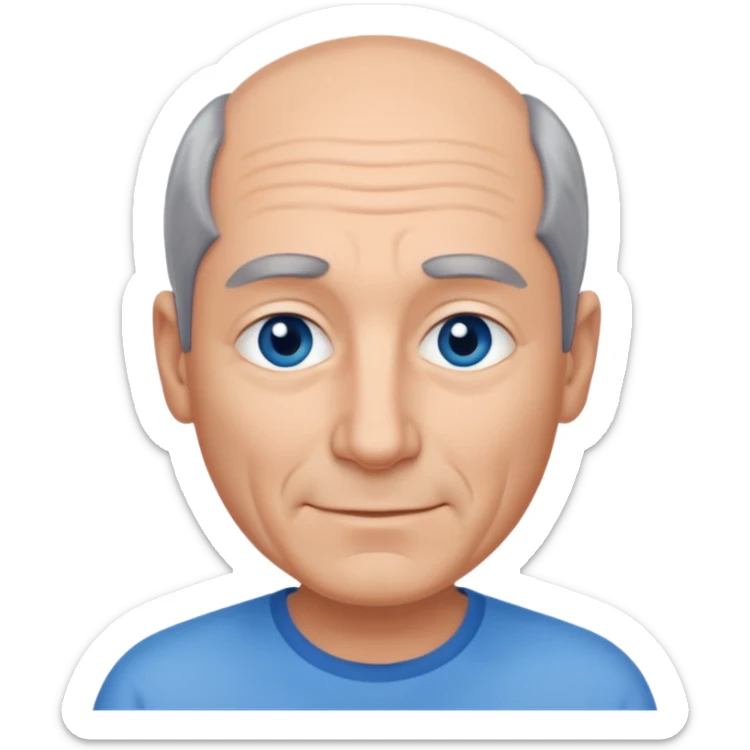 Middle aged man with receding grey and black hair and no beard, blue eyes, shy smile, tanned skin sticker