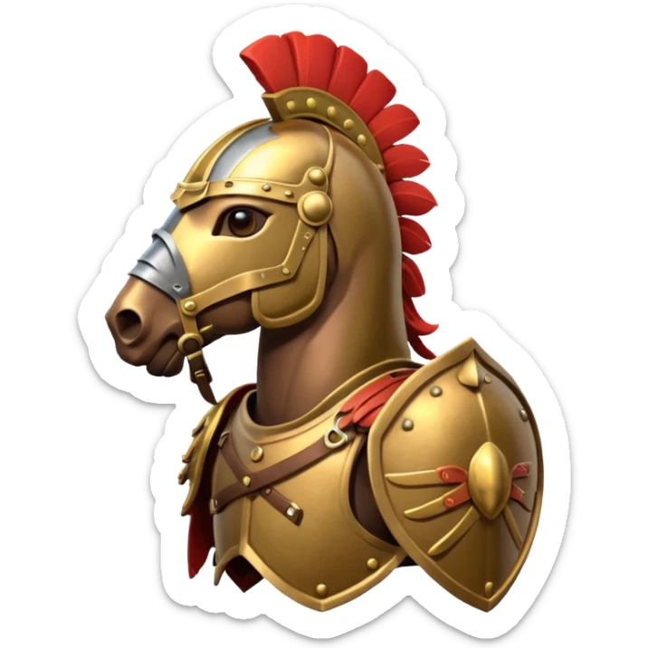 An emoji of a powerful Roman warhorse in full armor, with a feathered helmet. sticker