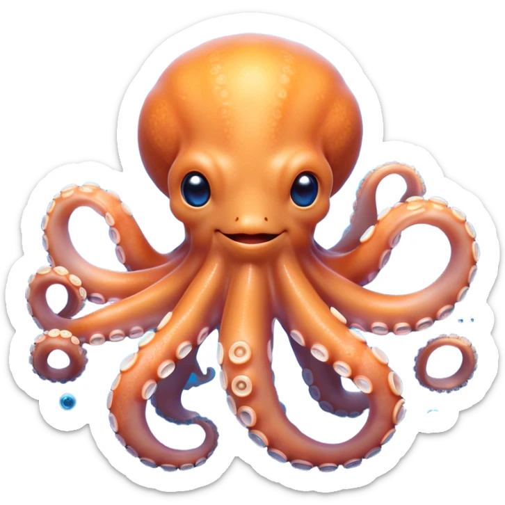 Beautiful and Majestic smiling Octopus Portrait Emoji, Head and body resting in serene repose with a gentle, content smile, showcasing a soft, light orange form adorned with elegant blue rings and delicately arranged arms, Simplified yet exquisitely endearing features, highly detailed, glowing with a soft, drowsy underwater light, high shine, relaxed and utterly enchanting, stylized with an air of majestic aquatic beauty, soft glowing outline, capturing the essence of a beautiful and majestic octopus that embodies the enchanting spirit of the deep! sticker