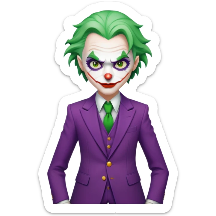 The Joker villain character full body with green hair, purple suit, white face, red lips sticker