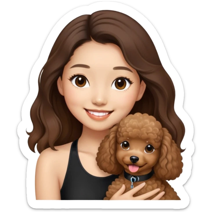 a asian girl with long brown balayage hair, long lashes, smiling, wearing black halterneck top, and holding a brown poodle sticker