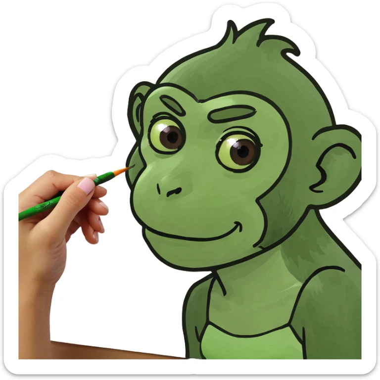 The girl looks like a monkey painting a picture of a monkey on the wall. sticker