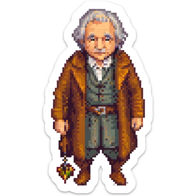 Whole body image of bilbo baggins from the lord of the rings the fellowship of the ring movie in pixel art style. Bilbo is old. Make Bilbo look like the actor that portrayed him in the movie, Ian Holm. sticker