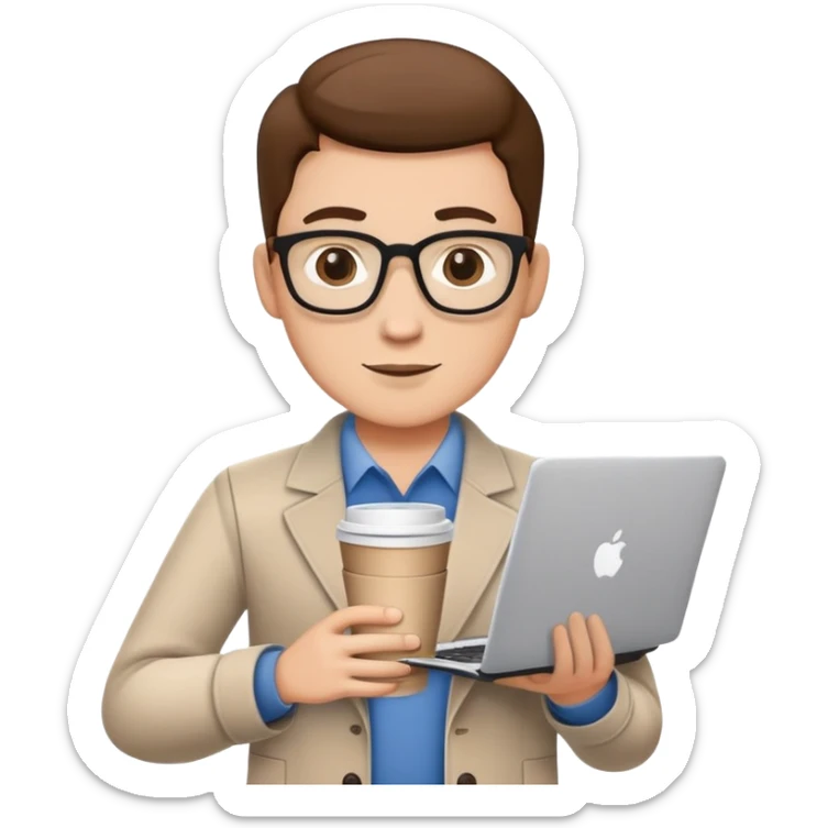 business owner confidently, holding a closed laptop in one hand and a takeaway coffee cup in the other. The character wears casual-smart clothes. sticker