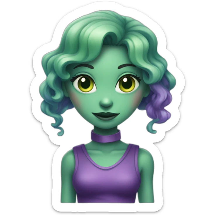 An alien girl with green skin and purple hair waves with her hand sticker