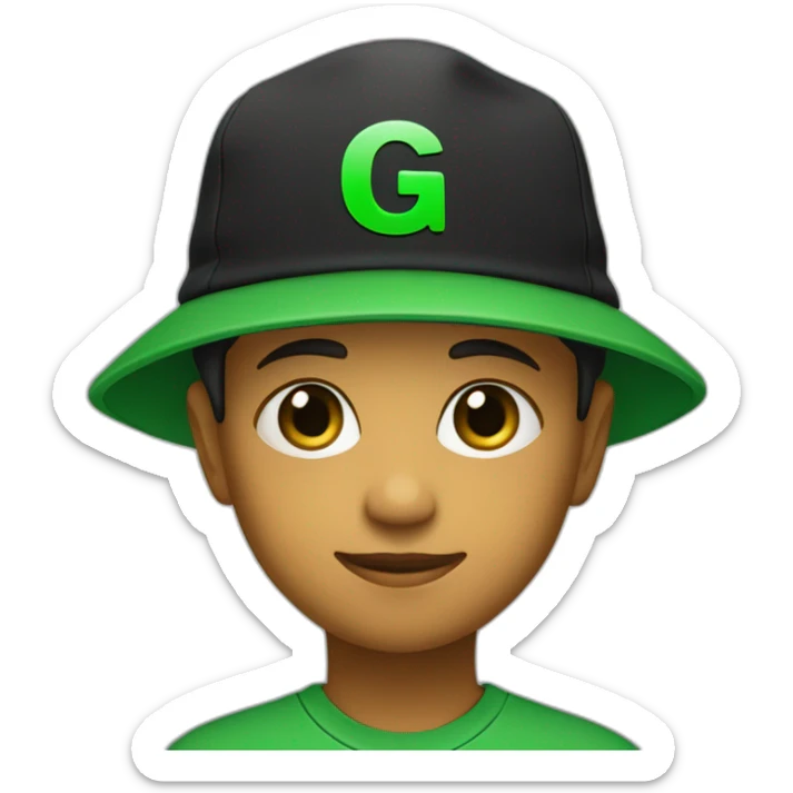 A child with green eyes, wearing a black hat and a green T-shirt with a black letter “G” on it  sticker