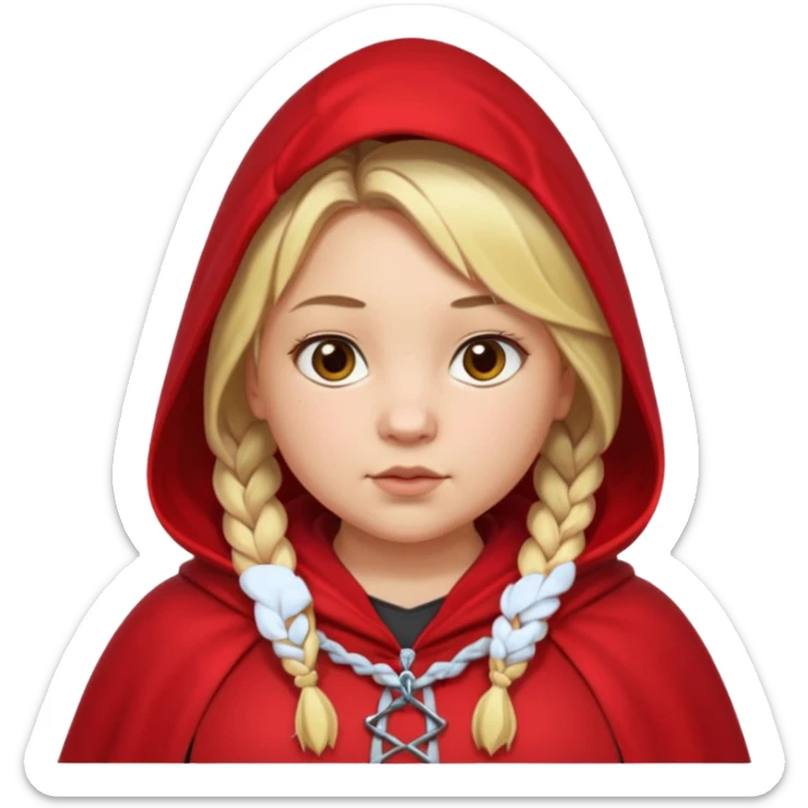 blonde braids hair kid girl, white skin, fat, wear red cloak sticker