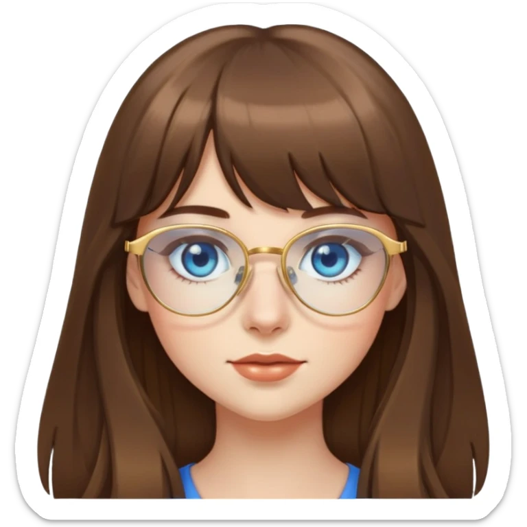 pretty girl with long brown hair with bangs, blue eyes, and gold glasses  sticker