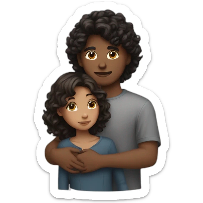 Girl with black wolfcut and boy with brunette wavy hair hugging sticker